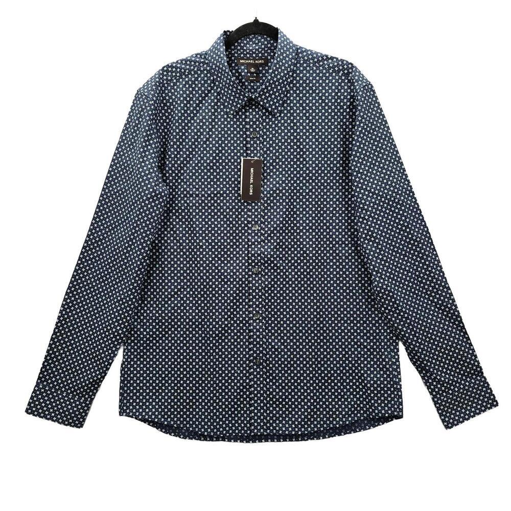 Michael Kors Blue Midnight Button Up Floral Long Sleeve Stretch Slim Fit Mens XL